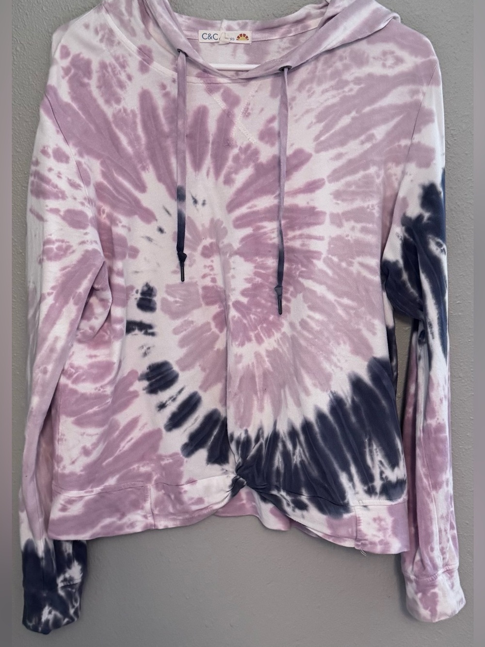 C.C. California Dusty Pink & Navy Tie-dye Hoodie with Twist Detail at Waist